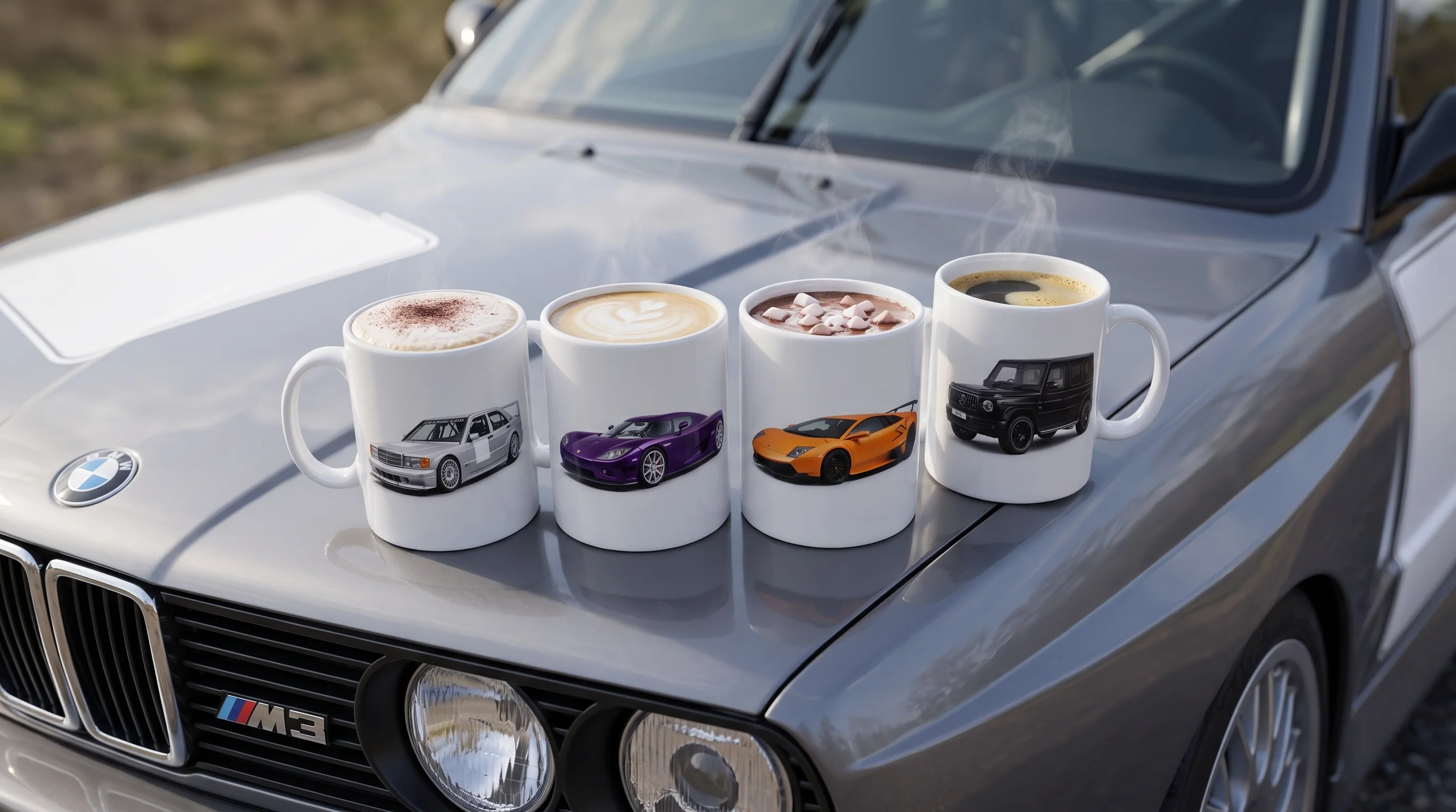 Four personalised mugs with vehicle artwork