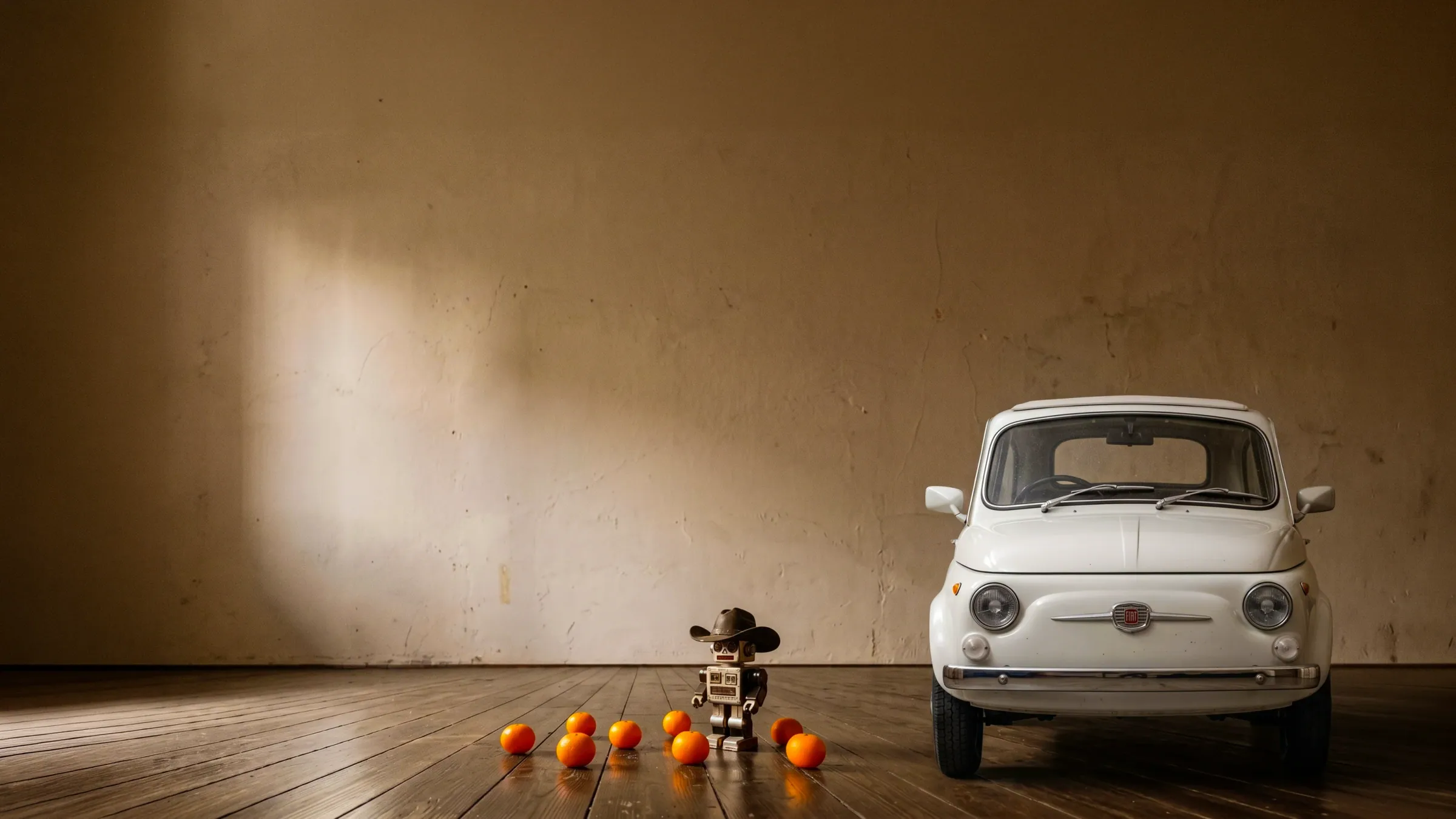 A robot beside a car in a colourful room